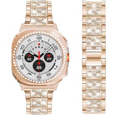 Imagem de DEALELE Pulseiras e capa compatíveis com Samsung Galaxy Watch 8 de 44 mm, pulseira fina de metal com strass brilhante com diamante, capa protetora de substituição para mulheres e homens (44 mm, ouro