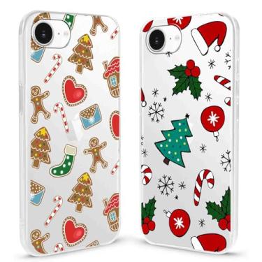 Imagem de RUMDEY Pacote com 2 capas de celular transparentes de Natal para iPhone 16e de 6,1 polegadas, lindos biscoitos de Natal, bengalas de doces, padrão amarelo, protetora, macia, fina, à prova de choque
