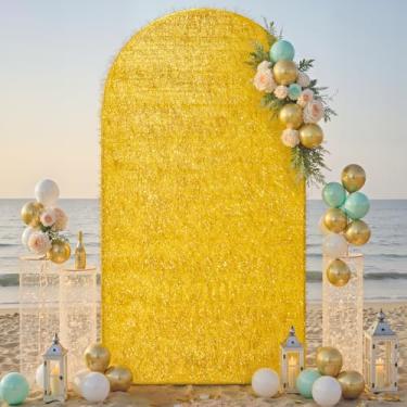 Imagem de Capa de fundo de arco de 2,2 m dourada, borla metálica brilhante de 2 lados, elastano ajustada para suporte redondo Chiara - capa de arco de balão para casamento, festa de aniversário, chá de bebê