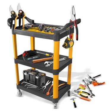 Imagem de Carrinho de Ferramentas Profissional com 3 Prateleiras, Rodízios, Suporte para Ferramentas Elétricas e Manuais, Preto e Amarelo