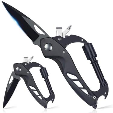 Imagem de NewFation Mosquetão multiferramentas com canivete de bolso, presente para homens, pai, marido, multiferramenta 6 em 1 com chaveiro mosquetão EDC, abridor de garrafa, disjuntor de janela e chave de