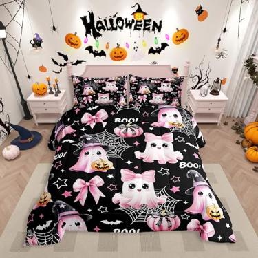 Imagem de Erosebridal Conjunto de edredom solteiro com laços rosa, abóbora, bruxa, para meninas e crianças, morcego assustador, teia de aranha, laço preto e rosa, decoração de quarto com 1 fronha