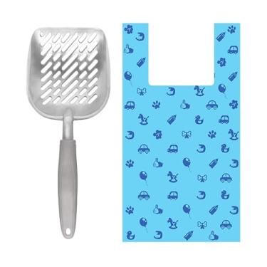 Imagem de SunGrow Conjunto de colher e saco de areia para gatos, pá profunda de aço inoxidável, 60 sacos de plástico para cocô com alças fáceis de amarrar, ideal para felinos e cães, 1 conjunto por pacote