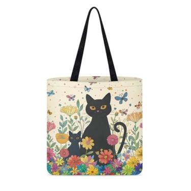 Imagem de Linda bolsa feminina preta de gato e pata para viagem, compras, lona de poliéster, bolsa de ombro diária, Gato preto com flores