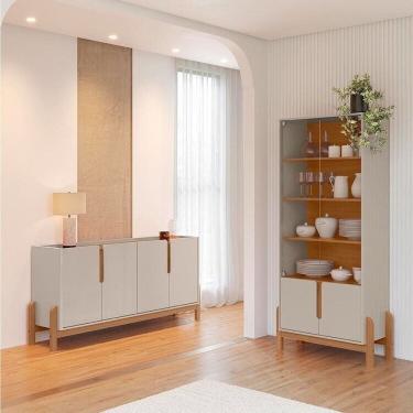 Imagem de Buffet 170cm e Cristaleira com Pés de Madeira Maciça Lizz Off White / Cedro
