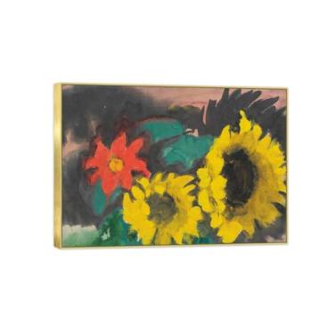 Imagem de BMZFYBS Arte de parede em tela de flores reprodução de pintura famosa - imagens de moldura dourada para sala de estar - dois girassóis e flores vermelhas - pôster e impressões 70 x 100 cm 27 x 39 pol