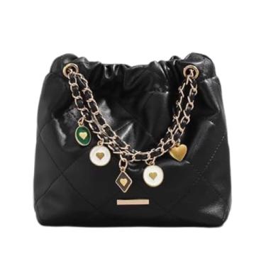Imagem de Jopchunm Bolsa de ombro acolchoada Hobo, alças de corrente dourada com pingentes de coração, várias cores, 28 x 14 x 18 cm, Preto