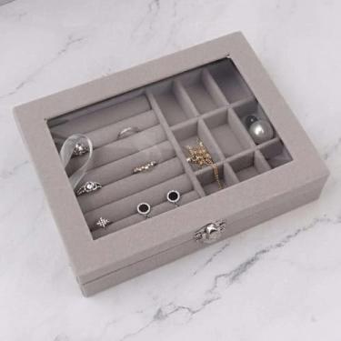 Imagem de Porta Joias Organizador Bandeja de Veludo Multiuso de Gaveta e Closet para Anéis, Colares e Acessórios com Sofisticação e Funcionalidade Tampa Com Vidro (Cinza)