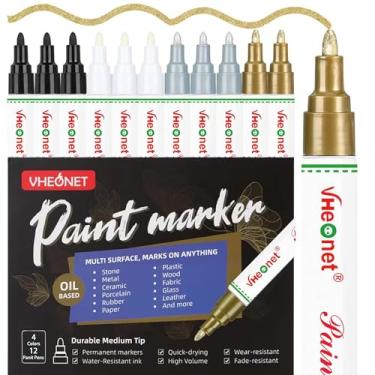 Imagem de VHEONET Marcadores de tinta, 4 cores à base de óleo, impermeável, secagem rápida, conjunto de canetas permanentes para metal, madeira, tecido, plástico, tela, vidro, canecas, rocha, pneu, pedra