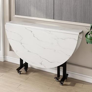 Imagem de Mesa de jantar dobrável redonda móvel, mesa de jantar com 6 rodas, mesa de cozinha com folhas suspensas para espaços pequenos, suporte de aço carbono, dobrável em 3 formas, suporta facilmente 400 kg