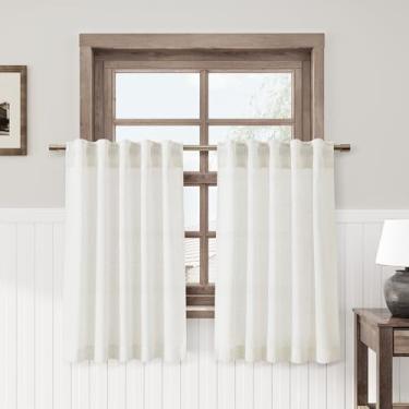 Imagem de Cortinas de café de linho branco bege 61 cm de comprimento privacidade filtragem de luz semitransparente porta frontal pequena cortina de janela traseira bolso haste cortinas curtas plissadas para