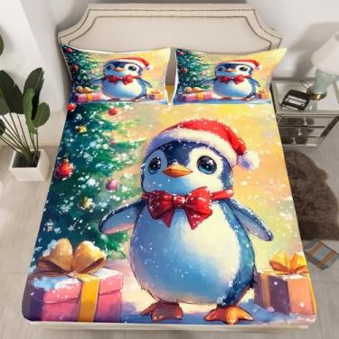 Imagem de Jogo de lençol com elástico fofo pinguim, árvore de Natal verde, inverno, ano novo, para crianças, adolescentes e adultos, estilo rústico, com 1 fronha (sem lençol de cima), tamanho solteiro, 2 peças