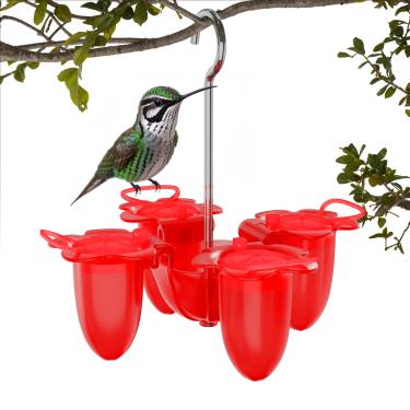 Imagem de Alimentadores pequenos de beija-flor de plástico vermelho para pendurar ao ar livre, fosso de formigas, protetores de abelhas, 4 portas de alimentação e poleiros, fáceis de limpar e recarregar