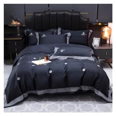 Imagem de Roupa de cama de algodão 1000 fios preto dourado bordado capa de edredom fronha Queen King Size 3 peças (6 solteiros)