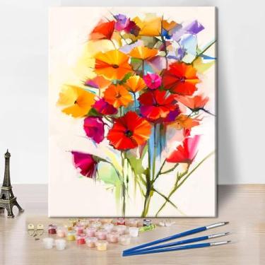 Imagem de Kit de pintura por números para adultos, pintura DIY por número - Buquê de margaridas gerbera colorido abstrato em amarelo rosa vermelho arte floral para decoração de parede de casa, 40,6 x 50,8 cm