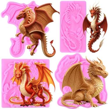Imagem de MIYAHOUSE Molde de silicone de fondant de dragão voador para decoração de bolos, topo de cupcake, pasta de goma de chocolate, argila de polímero, conjunto de 4