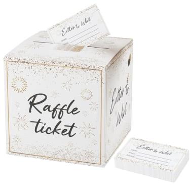 Imagem de SOFPLATE Caixa de bilhetes de sorteio com 50 peças de sorteio, caixa de cartão de evento com ranhura 14 x 14 x 14 cm, padrão de fogos de artifício, armazenamento de ingressos para formatura, casamento