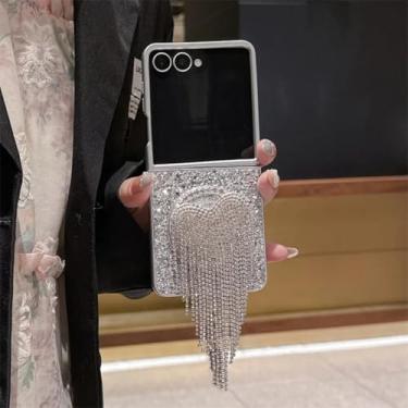 Imagem de Capa para Galaxy Z Flip5 com borla de diamante e suporte magnético em forma de coração e corrente (para Galaxy Z Flip5/capa com suporte)