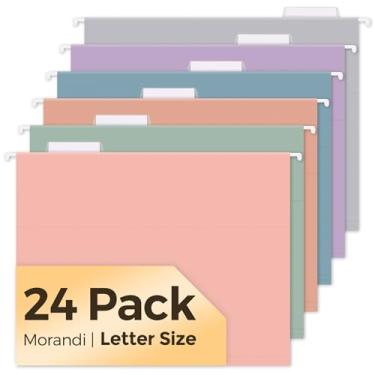 Imagem de KONVINIT 24 pastas de arquivo suspensas, tamanho carta, pastas suspensas Morandi para documentos, organizador de arquivos com abas ajustáveis de corte 1/5 para escola, casa e escritório