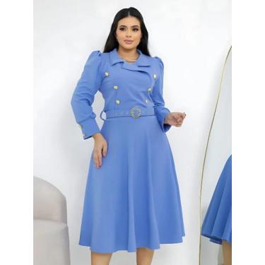Imagem de Vestido Midi Elegante Manga Longa Social com Cinto Moda Evangélica Fes