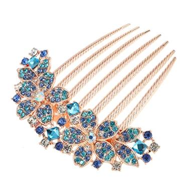 Imagem de Pente de cabelo feminino com flor incrustada com strass acessório de cabelo acessório de cabelo grampos laterais de cabelo peças de cabeça de strass azul