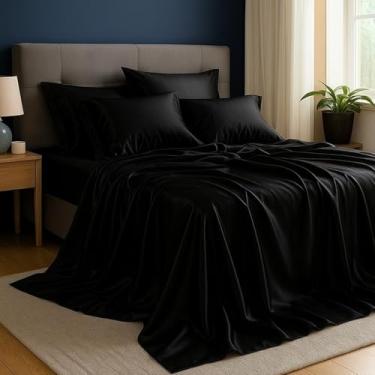 Imagem de Jogo de Cama Cetim Charmousse Casal Queen King 3/4 Peças – Toque Macio, Brilhante e Sedoso, Lençol com Elástico e Fronhas Luxuosas(Preto,Solteiro 3 peças)