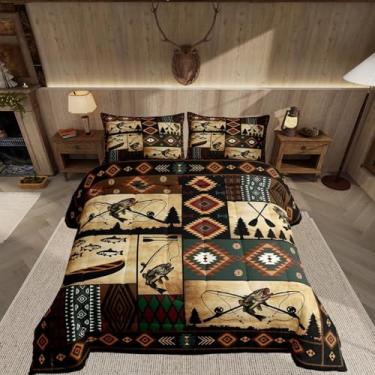 Imagem de Feelyou Conjunto de cama com estampa de peixe, macio, para meninos e meninas, solteiro, temática de caça, vida selvagem, edredom de microfibra rústica para decoração de quarto, marrom escuro, 2 peças