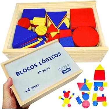 Imagem de Blocos Lógicos 48 Peças Madeira de Reflorestamento Educativo Pedagógico Brinquedo Pedagógico Classificação de Formas