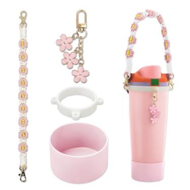 Imagem de SITKOL Conjunto de acessórios para Owala FreeSip Sway 30/1,134 g, copo de 1,134 g e garrafa de água infantil de 473 ml - Inclui bota de silicone, alça de transporte e lindos pingentes de flores (rosa)