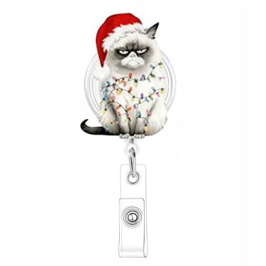 Imagem de Carretel de crachá de gato de Natal retrátil clipe de identificação acrílico com clipe de jacaré giratório, luzes de chapéu de Natal, suporte para cartão de identificação, clipe para estudantes de