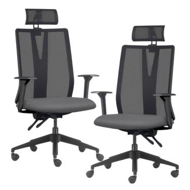 Imagem de Kit 2 Cadeiras Escritório Giratória Presidente Flow F02 Base Preta Crepe Grafite - Lyam Decor
