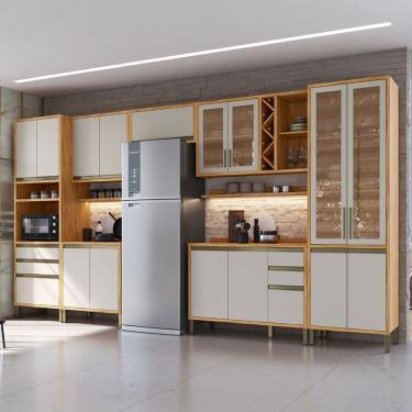 Imagem de Armário de Cozinha com Balcão e Tampo 16 Portas 5 Gavetas Pérola Premium com Prateleiras 100% Mdf Vidro Reflecta Amêndoa/Off White - Pnr Móveis