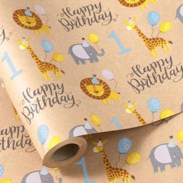 Imagem de RUSPEPA Rolo de papel de embrulho de 1º aniversário, rolo jumbo, papel de embrulho de animal da selva, leão fofo, elefantes, girafa, papel kraft para crianças de 1 ano, chá de bebê, aniversário e mais