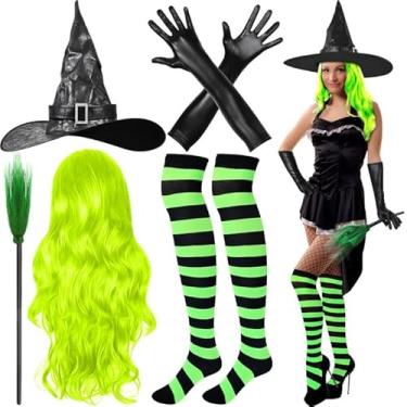Imagem de Olgaa Conjunto de 5 peças de fantasias femininas de bruxa de Halloween 2025 para adultos, chapéus, luvas de vassoura, meias para festa de meninas, acessórios de cosplay (verde)