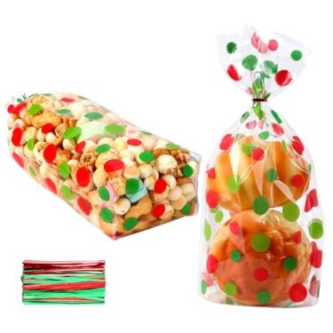 Imagem de Sacos de guloseimas de Natal, 60 peças de sacos de celofane de Natal de fundo plano, 15 x 28 cm, bolsa de presente de plástico para biscoitos doces com laço torcido para lembrancinhas de Natal
