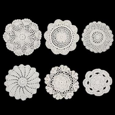 Imagem de 6 peças de toalha de algodão de vários tamanhos vintage de crochê de algodão feito à mão pano de renda tecido toalha de renda jogo americano para mesas cozinha, sala de jantar, porta-copos de