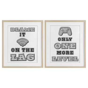 Imagem de Stupell Industries Black & White Gamer Quotes 2 peças Impressão emoldurada de bétula sob o vidro, design por Marcus Prime, 16 x 13