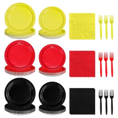 Imagem de Conjunto de pratos e guardanapos de papel de sobremesa vermelho preto amarelo com 96 peças de decoração de rato temático de desenho animado para crianças, meninos, meninas, aniversário, chá de bebê
