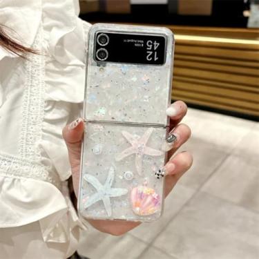 Imagem de Capa para Galaxy Z Flip3 5G com textura de concha de lantejoulas de luxo e capa rígida com estampa de estrela do mar fofa (para Galaxy Z Flip3 5G/branco)
