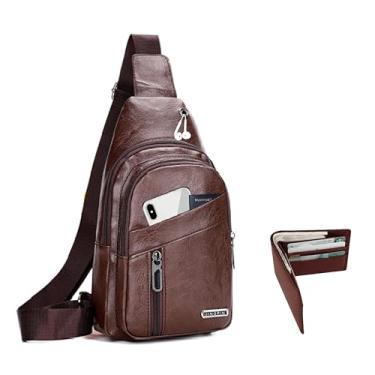 Imagem de Conjunto de 2 bolsas, bolsa tiracolo de couro PU com carteira clássica, design com vários zíperes para viagens, atividades ao ar livre, Marrom escuro, 7.5 x 4.5 x 11.5 inches, Clássico