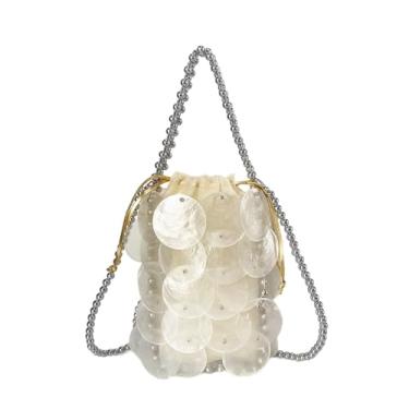 Imagem de BCVWQXA Bolsa feminina moderna de tecido de concha chique bolsa de praia com contas bolsa de corrente para viagem de verão festa na praia, Branco-A, Mini