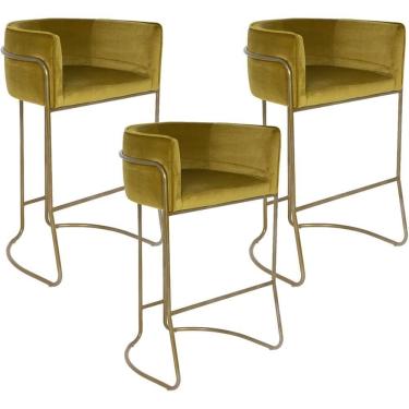Imagem de Kit 03 Banquetas Fixa Bronze Veludo Mostarda