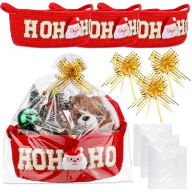 Imagem de FoldTier Conjunto de 3 conjuntos de cesta vazia de Natal para presentes com laços, linda cesta de tecido vermelho com alça de celofane transparente para decoração de casa