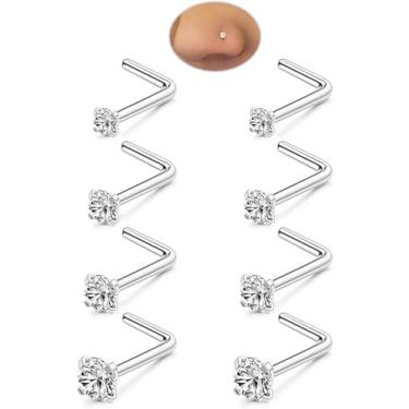 Imagem de Conjunto de 8 peças de piercing de nariz para mulheres e homens: hipoalergênico G23 titânio/316L aço inoxidável cirúrgico piercing de nariz, sem níquel, sem chumbo, em forma de L, joia de piercing de