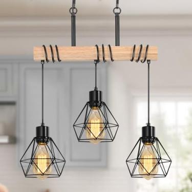 Imagem de Lustre de fazenda para sala de jantar, iluminação de ilha de cozinha de 3 luzes, luminária pendente linear de altura ajustável com metal preto e madeira, luminária de teto rústica regulável sobre a