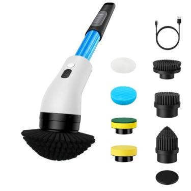 Imagem de Esfregão Elétrico 7 em 1 com Dispenser de Sabão Sem Fio 360° Escova de Limpeza Pesada Janela Banheiro Cozinha Rápido Multiuso Recarregável Giratória Potente