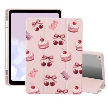 Imagem de Capa fofa Kawaii Sweet Desserts para iPad 9ª/7ª/8ª geração (2021/2020/2019, 10,2 polegadas) com suporte para lápis, suporte de três dobras, couro rosa, feminino, capa traseira transparente, despertar