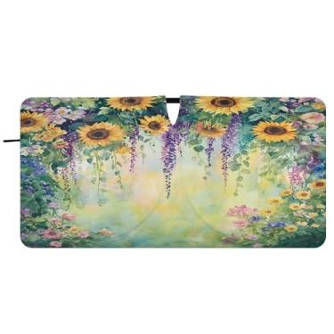 Imagem de Blueangle Para-brisa com pintura de girassóis em aquarela - 149,9 cm x 76,2 cm dobrável para janela dianteira do carro blocos de para-sol raios UV viseira de sol (317)