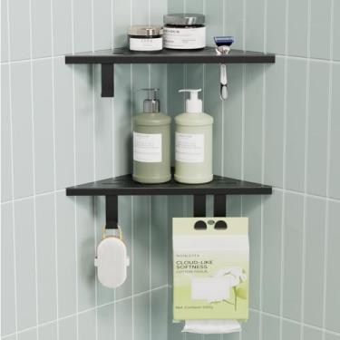 Imagem de BLYLUND Prateleira de canto de chuveiro de 25 cm, prateleiras de chuveiro de aço inoxidável com orifício de barbear para banheiro, rejunte na prateleira de canto com ganchos para parede de azulejo