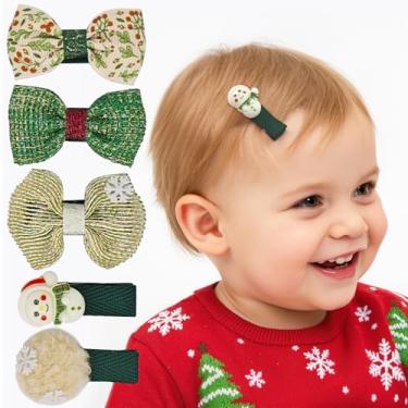 Imagem de Clipes de cabelo de Natal para bebês com laços, pacote com 5 clipes de cabelo para crianças, boneco de neve e laços, clipes de bico de pato embrulhados em tecido macio, acessórios de cabelo macios